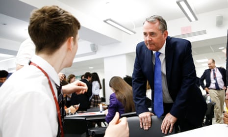 Britain’s Secretary of State for International Trade Liam Fox visits students taking part in a mock trade negotiation at Harris Westminster Sixth Form college in central London, Britain July 10, 2019. Picture taken July 10, 2019. REUTERS/Henry Nicholls