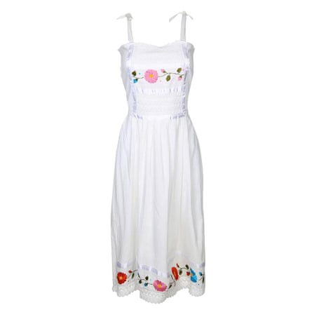 Dress with tie-straps and embroidered flowers on bodice and hem