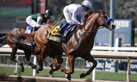 Justify is pictured winning the 2018 Santa Anita Derby.