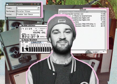 man superimposed over computer windows with music information and music devices