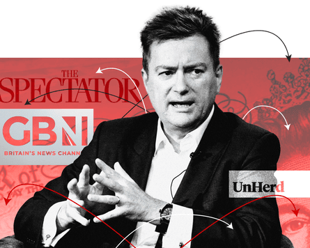 Logos from media companies owned by Sir Paul Marshall, pictured centre