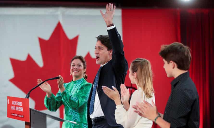 Justin Trudeau celebrates with his family