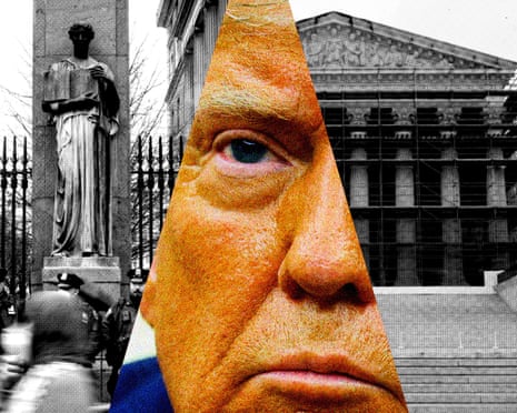Collage image of Trump's face in color with black and white images of a college campus and a US court