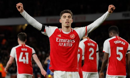 Kai Havertz celebrates scoring his first of two goals against Chelsea on Tuesday