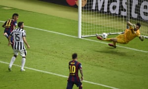 Neymar heads the ball goal-wards via his elbow ...