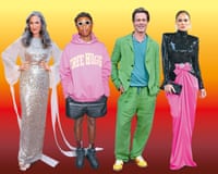 Andie MacDowell, Pharrell Williams, Brad Pitt, and Jennifer Lopez pose in contrasting colorful outfits