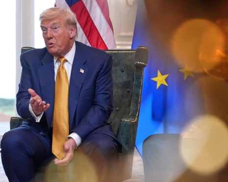 President Donald Trump speaks as he meets European Commission President Ursula von der Leyen at the Trump Turnberry golf course in Turnberry, Scotland.