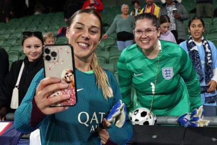 Earps takes a selfie wearing an England keeper’s shirt following the Perth International Cup final against Manchester City in Australia.