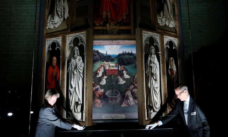 Remaining panels of Jan and Hubert van Eyck’s Adoration of the Lamb in Ghent’s St Bavo’s Cathedral.
