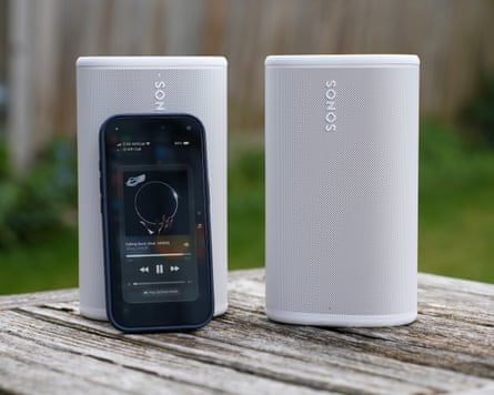 Two Sonos Play speakers playing music via Bluetooth from an iPhone 17 Pro.