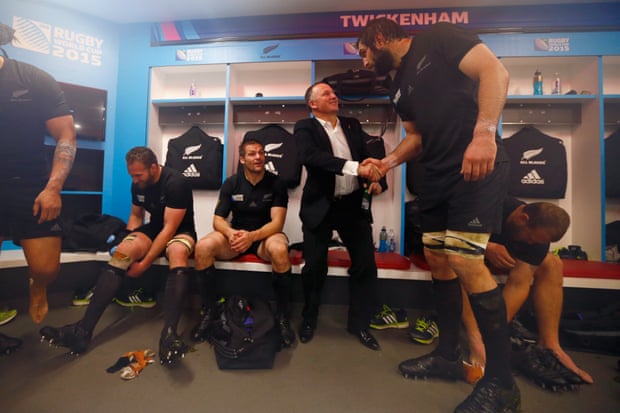 Former New Zealand prime minister John Key congratulates Samuel Whitelock after the 2015 Rugby World Cup semifinal match between South Africa and New Zealand in London.