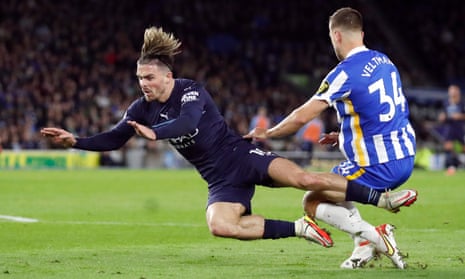 Manchester City’s Jack Grealish in action with Brighton &amp; Hove Albion’s Joel Veltman.
