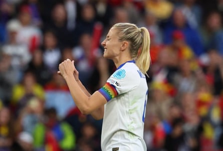 Leah Williamson reacts after she misses her penalty.