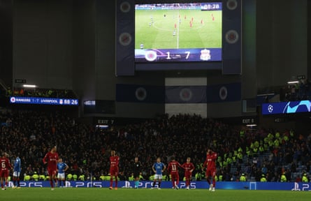 The scoreboard shows Liverpool 7-1 up on Rangers