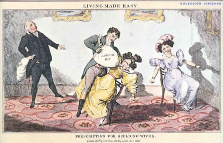 A satirical cartoon showing a Royal Institution demonstration of laughing gas with Humphry Davy circa 1830.