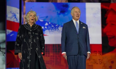 The Prince of Wales and the Duchess of Cornwall on stage during the Platinum Party at the Palace.