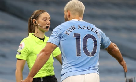 Sergio Aguero remonstrates with Sian Massey-Ellis
