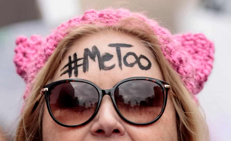 Head shot of protester Diana Schmitt, with MeToo written across her forehead, participates in the Women’s March for Truth on January 20, 2018 in St Louis, Missouri, United States.