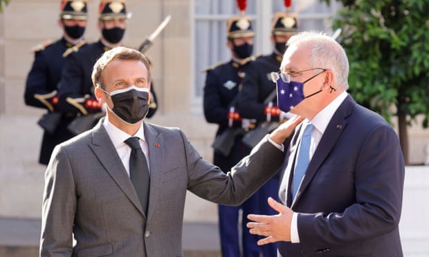 French president Emmanuel Macron with Australian PM Scott Morrison in in Paris in June 2021. In November Macron accused Morrison of lying to him over the dumping of the French submarine contract.