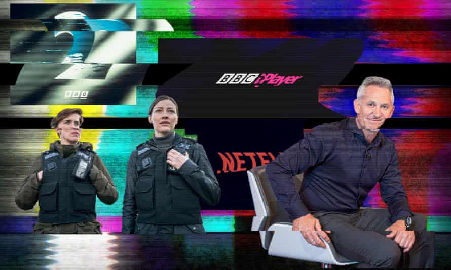 Illustration showing Kelly Mcdonald and Vicky McLure in Line of Duty, Gary Lineker and the BBC Two, iPlayer and Netflix logos