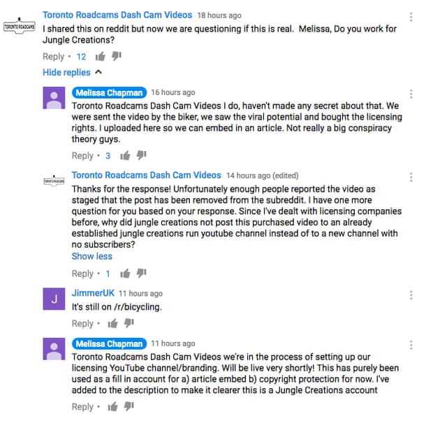 Screenshot of an exchange between someone who claims to be a Jungle Creations staffer and a sceptical YouTube user.