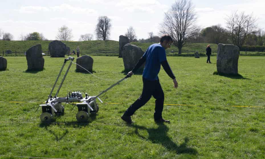 Soil resistance work is carried out by archaeologists from the University of Leicester at the stone circle site in Avebury.