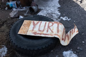A sign indicates the yurt camp near Lake Tulpar-Kel