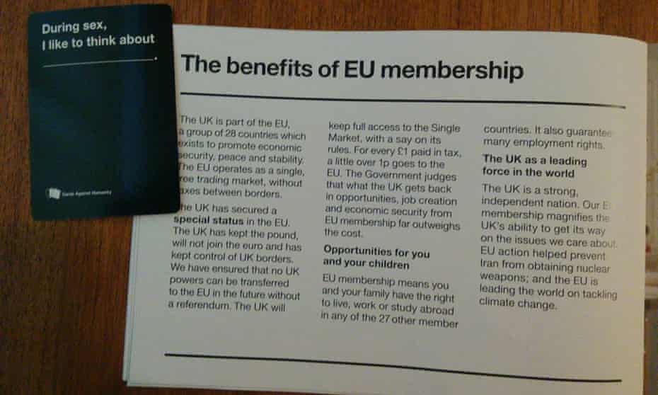Jenny Owen paired up Cards Against Humanity with the government’s pro-EU leaflet, and the results were very funny.