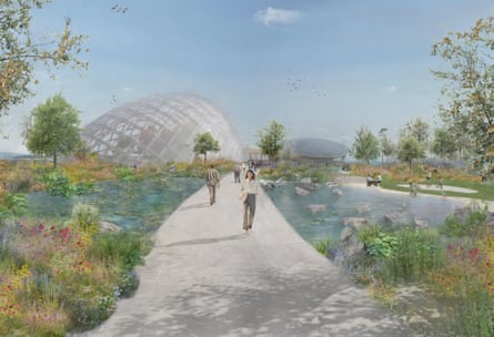 CGI plan for Eden Project Morecambe, showing people walking along a path with a biodome behind
