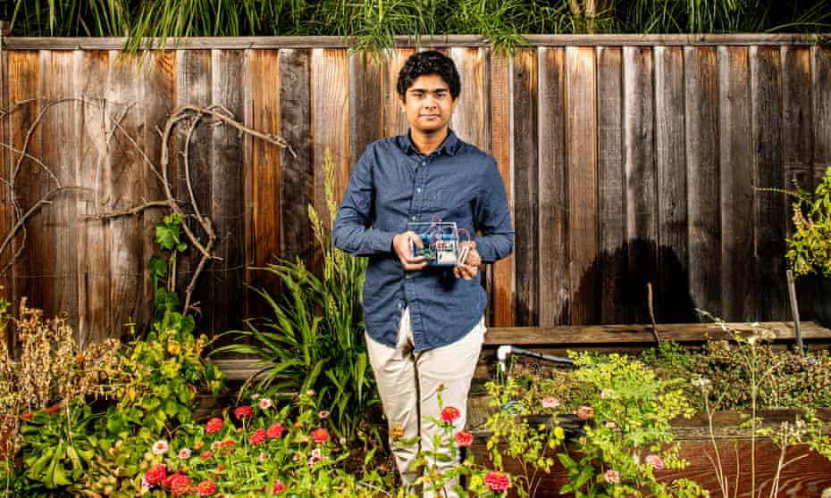 Portrait of Adarsh Ambati in the backyard of his family’s home in San Jose, CA.