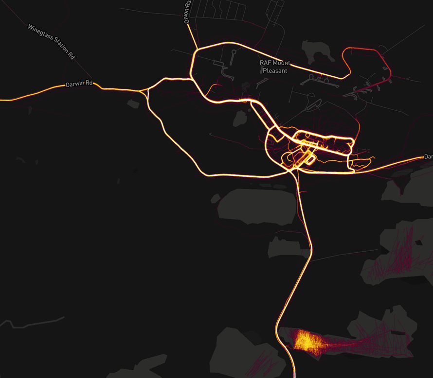 Heatmap of people exercising at RAF Mount Pleasant in the Falkland Islands.