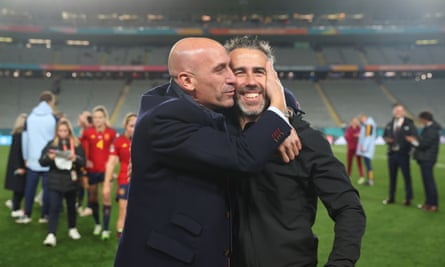 Jorge Vilda is congratulated by Luis Rubiales after Spain beat Sweden to reach the 2023 Women’s World Cup final.