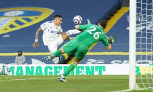 Leeds’ Raphinha goes close to scoring.