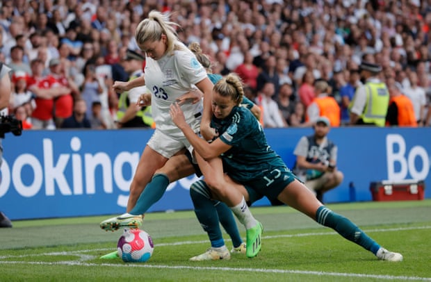 England’s Alessia Russo shields the ball near the corner flag to soak up time in the closing minutes of extra-time in the Euro 2022 final.
