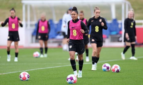 Demi Stokes, centre, in training with her England women’s football teammates at St George's Park in Burton upon Trent on Sunday.