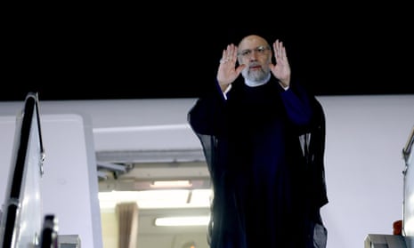 A handout photo made available by the Iranian presidential office shows Ebrahim Raisi gesturing during a farewell ceremony as he departs to New York to attend the UN general assembly on 18 September 2023.