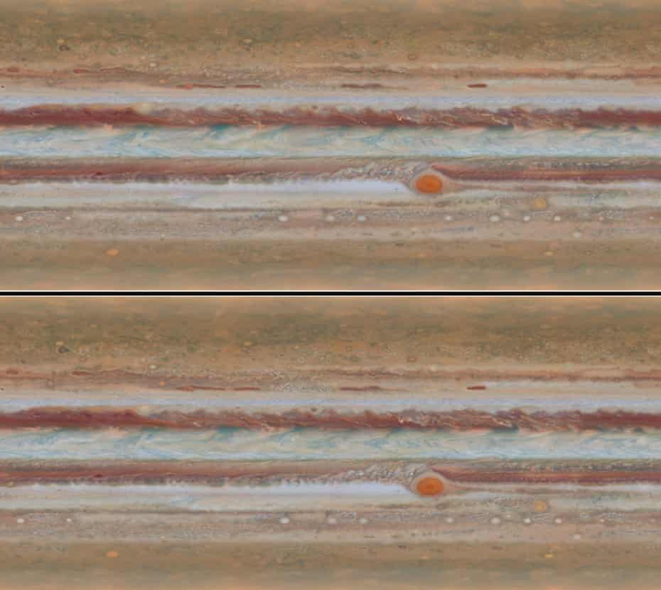 Two images of Jupiter by the Hubble Space Telescope taken at different times on 19 January 2015 reveal cloud movement and confirm the red spot to have turned orange.