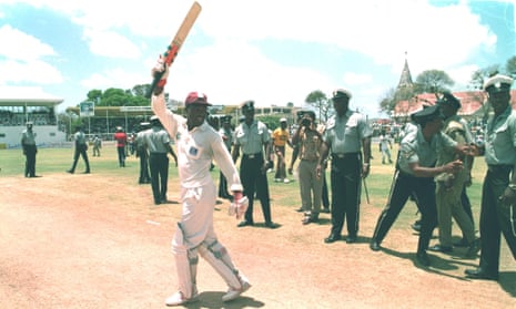 Brian Lara celebrates beating Sir Garfield Sobers’ Test record score in his innings of 375 against England in Antigua in 1994.