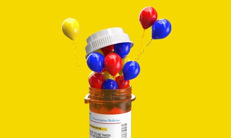 Illustration of a pill bottle with coloured balloons coming out of it