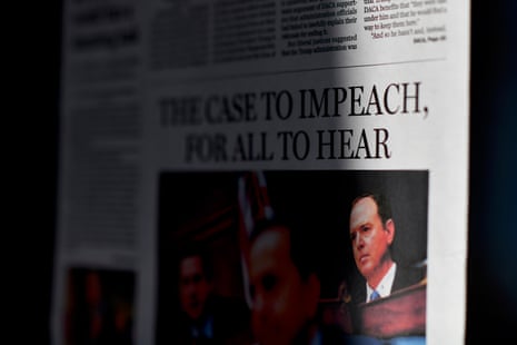 A Boston Globe front page with the headline THE CASE TO IMPEACH, FOR ALL TO HEAR posted at the Newseum on 13 November in Washington DC.