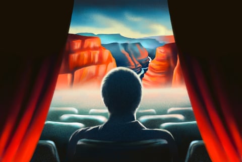 Illustration of a man in a cinema seat, between red curtains, looking at mountains on a screen