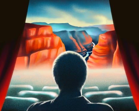 Illustration of a man in a cinema seat, between red curtains, looking at mountains on a screen