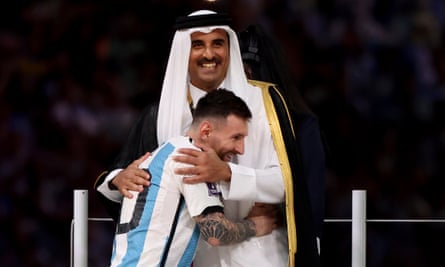 Sheikh Tamim bin Hamad al-Thani, the emir of Qatar, embraces Lionel Messi after last year’s World Cup final in Doha