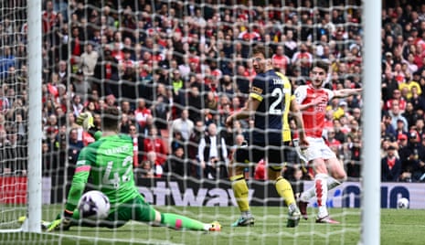 Arsenal’s Declan Rice scores their third goal against Bournemouth.