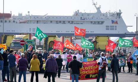 A demonstration against the dismissal of P&O workers, organised by RMT union at the ferry terminal in Cairnryan, Dumfries and Galloway.