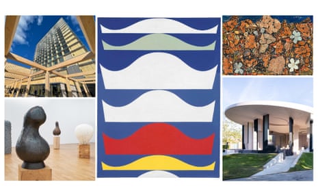 Clockwise from top left: the Sara Cultural Centre; Sophie Taeuber-Arp: Farbige Abstufung (1939); Jean Dubuffet, Garden with Melitaea; the Serpentine Pavilion 2021; Theaster Gates: A Clay Sermon, Whitechapel Gallery.