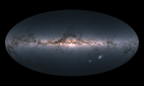 Gaia’s all-sky view of our Milky Way galaxy and neighbouring galaxies, based on measurements of nearly 1.7 billion stars.