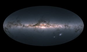 Gaiaâs all-sky view of our Milky Way galaxy and neighbouring galaxies, based on measurements of nearly 1.7 billion stars.