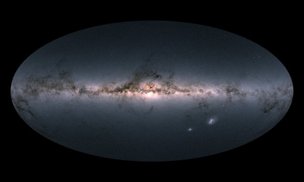 Gaia’s all-sky view of our Milky Way galaxy and neighbouring galaxies, based on measurements of nearly 1.7 billion stars.