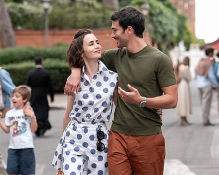 Lily Collins as Emily and Eugenio Franceschini as Marcello in Emily in Paris.